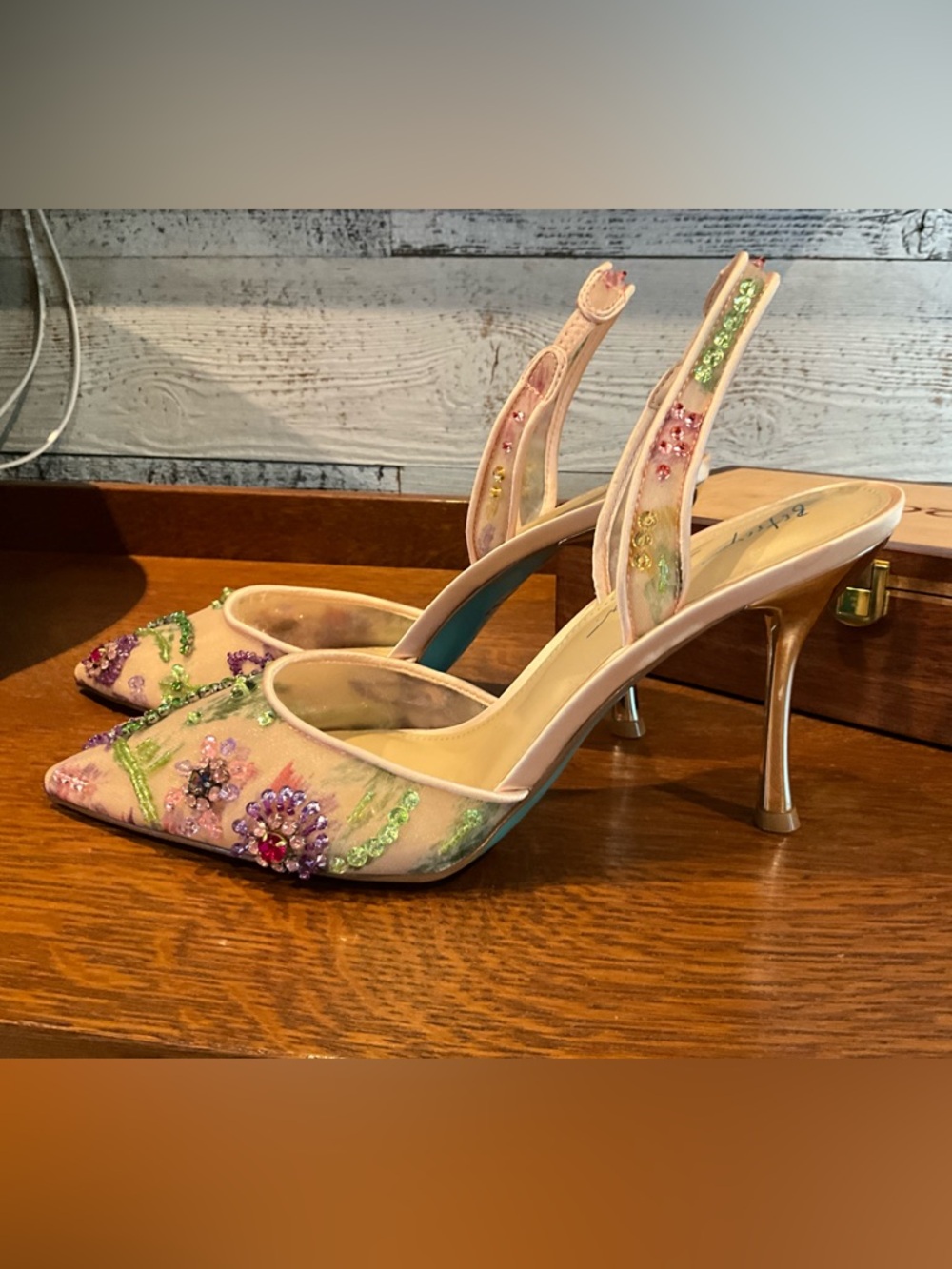New Betsy Johnson Velma Heel Multicolor Crystal Floral Embroidery - Picture 6 of 6